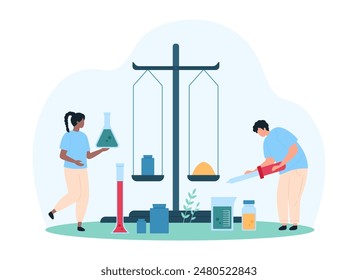 Preparation for laboratory research, investigation in chemistry, weighing substance for chemical experiment. Tiny people weigh materials piles using lab scales and weights cartoon vector illustration