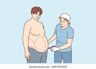 Preparación para la liposucción para el hombre gordo que quiere deshacerse del exceso de peso y el vientre caído. El tipo visita al cirujano para la liposucción y la abdominoplastia para conseguir el cuerpo atractivo sin esfuerzo