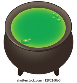 Preparation of magical ingredients in the pot. Vector illustration.