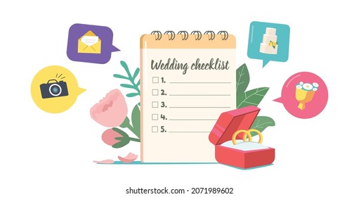 Preparación para el concepto de matrimonio con lista de verificación de boda, caja con anillos de compromiso y flores. Organización de eventos, Planificación de compras e invitados, Hoja de papel vacía. Ilustración del vector de dibujos animados