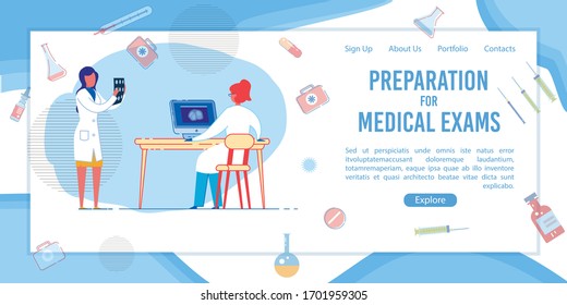 Preparation For Medical Exams Banner. Woman Doctor Studying Patient Xray. Nurse Looking On X-ray On Computer Screen. Radiology Diagnosis. Medicine Education, Student Learning Vector Illustration