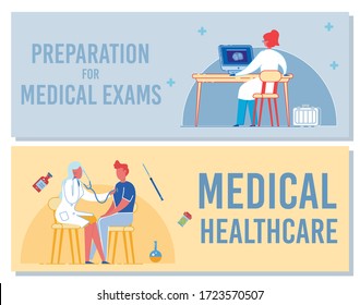 Preparation for Medical Exams. Medical Healthcare Banner. Woman Doctor Studying Xray on Computer Screen. Woman Doctor Examining Man Patient with Stethoscope. Health Checkup Vector Illustration