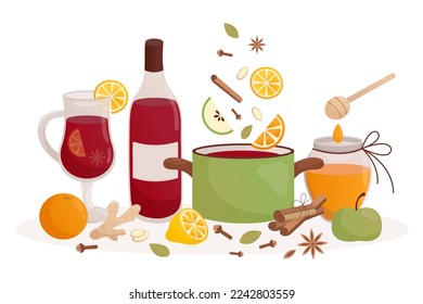 Preparation of mulled wine. All ingredients for mulled wine. Flat cartoon illustration