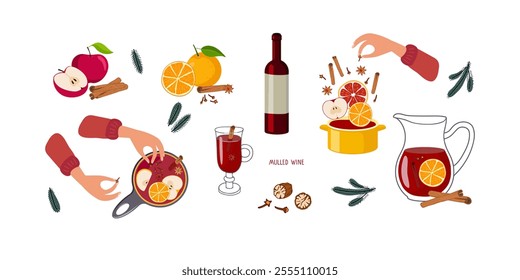 Preparation of Mulled Wine. Wine Bottle, ingredients for recipes. Winter hot wine drink with spices isolated for menu, cafe, market, banner. Red wine with fruits and spices.