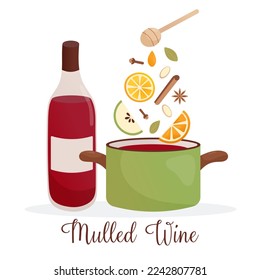 Preparation of mulled wine. Saucepan with ingredients and a bottle of wine. Cooking recipe. Flat cartoon illustration
