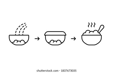 Preparation of porridge, oatmeal, puree from dry flakes. Three steps instruction. Pour boiling water over, let it brew, add ingredients for taste. Linear icon for food packaging. Black contour vector