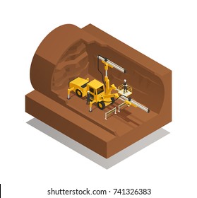 Preparation process for tunnel construction on white background isometric composition 3d vector illustration