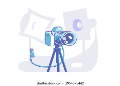 Preparation for professional photoshoot vector illustration. Camera standing on tripod flat style. Special equipment for model. Modern technology concept. Isolated on white background