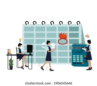 Preparation of reports, urgent work, last  deadlines, the scene of office life. The calendar and the character of the little woman, business graphics.  Vector illustration.