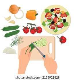 Preparation of salad from vegetables  and cheese. View from above. Vector illustration.