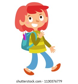 preparation for school. The child comes with a backpack on his back. Funny cartoon style. Vector illustration. On a white background