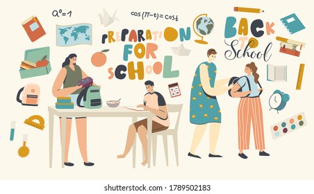 Preparation for School Concept. Family Characters Mother and Kids Prepare for Studying. Mom Put Lunch Box to Son Backpack, See Off Daughter on Lesson. Back to School. Linear People Vector Illustration