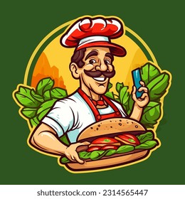 Preparation of sedwich or baguette with fresh vegetables. Chef's doing the breakfast menu. Cartoon vector illustration. label, sticker