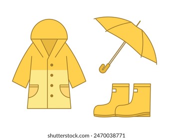 Preparation set for rainy day. Yellow raincoat, yellow umbrella and yellow rain boots. Isolated clip art on white background. 