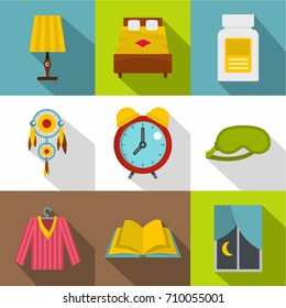 Preparation to sleep icon set. Flat style set of 9 preparation to sleep vector icons for web design