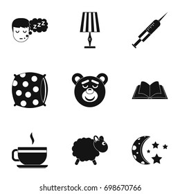 Preparation to sleep icon set. Simple style set of 9 preparation to sleep vector icons for web isolated on white background