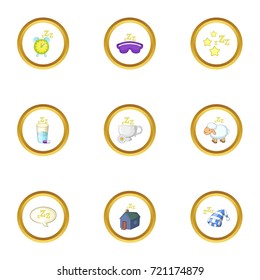 Preparation to sleep icons set. Cartoon style set of 9 preparation to sleep vector icons for web design