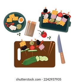 Preparation of snacks on wooden sticks of cheese, ham, vegetables, olives. View from above. Vector illustration.