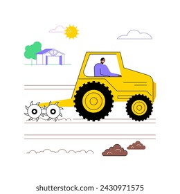 Preparación de ilustraciones de vector de dibujos animados aislados del suelo. Granjero en un tractor prepara el suelo para la siembra, la industria agrícola, la idea de la agroindustria, el sector de producción de dibujos animados vectoriales.