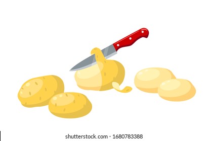 Preparation stages for cooking potato. Peeling by knife, unpeeled and peeled tubers, vector illustration flat cartoon icon set isolated on white.