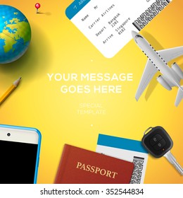 Preparation for travel, smart phone, ticket, passport, globe, key, airplane, on yellow background, vector illustration.