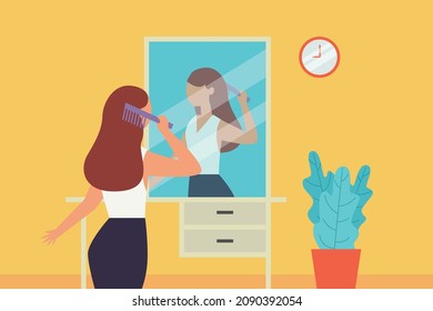 Preparation vector concept. Young businesswoman combing her hair and looking at mirror while getting ready before going to work