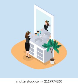 Preparation vector concept. Young woman combing her hair and looking at mirror while getting ready before going to work