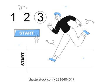 Preparation for work line concept. Man at start of treadmill. Hardworking and successful employee or entrepreneur. Competition and tournament, active lifestyle. Linear flat vector illustration