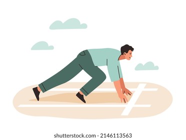 Preparation for work. Man preparing for race, employee at start. Motivation and leadership, achievement of goals and self development, career growth metaphor. Cartoon flat vector illustration