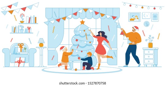 Preparations for New Year Party, Christmas Home Celebration, Winter Holidays Family Traditions Trendy Flat Vector Concept. Parents with Children Decorating Christmas Tree in Living Room Illustration