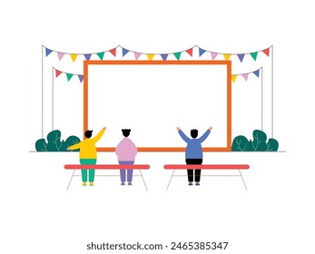 Preparativos para una representación de teatro al aire libre visto por niños, Ilustración vectorial.