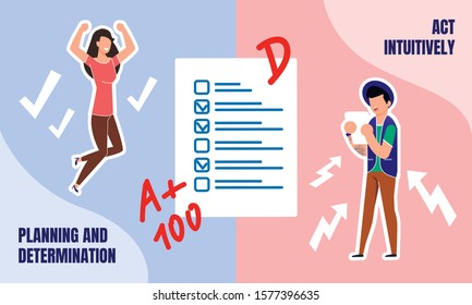 Preparations and Training for College Exams, Education Process Planning Trendy Flat Vector Concept with Female, Male Students Watching on Written Exam, Worried Because of Tests Results Illustration