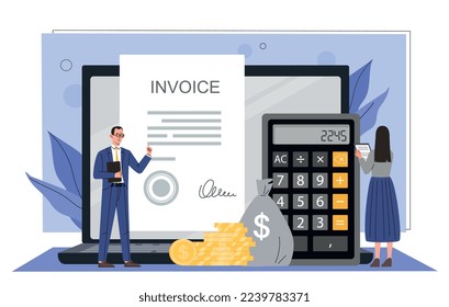 Prepare bill on computer. Young guy and woman next to calculator on background of planet. Modern technologies and digital world, budgeting and financial literacy. Cartoon flat vector illustration