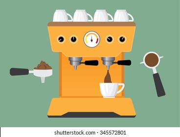 Prepare Coffee Machine For Make Coffee By Barista Vector Illustration.