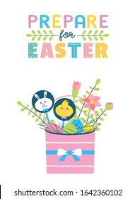 Prepare Easter Holiday vector poster template. Cute free hand drawn letters retro design. Comic decorative egg chicken bunny cartoon. Welcome invitation christian event sale background illustration