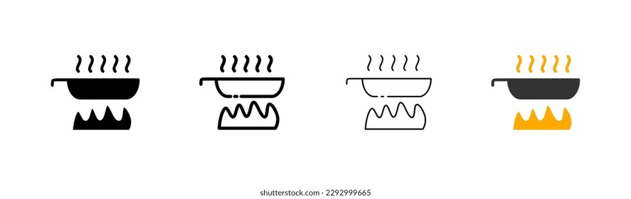 Preparar comida. Diferentes estilos, de colores, cocinan comida en llamas. Iconos vectores.
