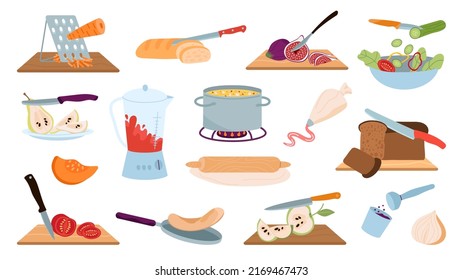 Prepare food process. Cooking, chopped fruit, vegetables on board. Kitchen recipes elements, isolated meal cut with knife. Cook product decent vector set