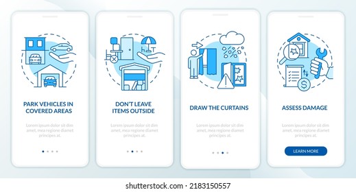 Prepare For Hail Storm Blue Onboarding Mobile App Screen. Walkthrough 4 Steps Editable Graphic Instructions With Linear Concepts. UI, UX, GUI Template. Myriad Pro-Bold, Regular Fonts Used