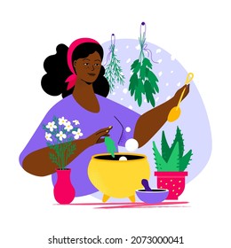 Prepare herbal decoction - colorful flat design style illustration. Beautiful African American woman cook natural potion in a small yellow cauldron. Organic cosmetics, skincare products idea