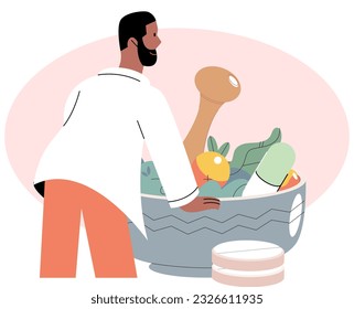 Prepare herbal decoction or tincture. Man cook natural potion in big bowl with various flowers, green leaves and herbal ingredients. Organic cosmetics. Herbal medicine and homeopathy healthcare