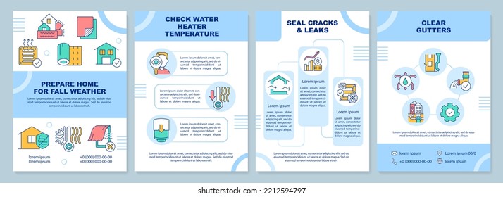 Prepare Home For Fall Weather House Blue Brochure Template. Leaflet Design With Linear Icons. Editable 4 Vector Layouts For Presentation, Annual Reports. Arial-Black, Myriad Pro-Regular Fonts Used