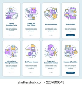 Prepárate para inmigrar consejos sobre el embarque de la pantalla de la aplicación móvil. Recorrido en el extranjero 4 pasos instrucciones gráficas editables con conceptos lineales. UI, UX, plantilla GUI. Multitud de tipos de letra Pro-Bold, con uso regular