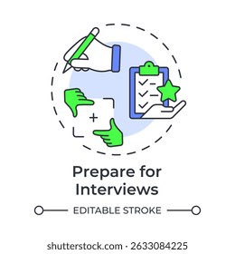 Ícone de conceito de várias cores da preparação para entrevistas. Modelo de negócios. Comunicação, recrutamento. Ilustração de linha de forma redonda. Ideia abstrata. Design gráfico. Fácil de usar em infográfico, brochura