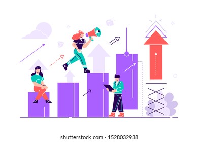 Prepare the launch of a business project. Rise of career to success. Business analysis, take-off scale up. Flat style color icons vector illustration
for web page, social media, documents, cards.