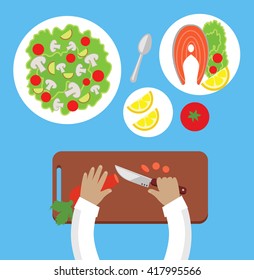 Prepare a meal top view design flat. Human hands with a knife cutting carrots on a wooden board for a salad. Bowl of salad with mushrooms and tasty dish of fish with lemon. Vector illustration