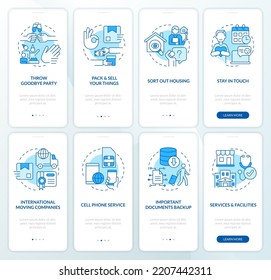 Prepare to move abroad blue onboarding mobile app screen set. Relocate walkthrough 4 steps editable graphic instructions with linear concepts. UI, UX, GUI template. Myriad Pro-Bold, Regular fonts used