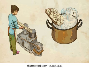 Prepare Pasta (colored vector no.2). Collection of an hand drawn illustrations. Each drawing comprises of two layers of outlines and one layer of paint, the colored background (paper) is isolated.