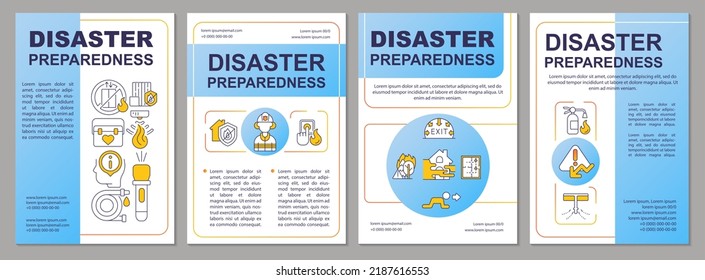 Prepare for potential disasters blue brochure template. Leaflet design with linear icons. Editable 4 vector layouts for presentation, annual reports. Arial, Myriad Pro-Regular fonts used