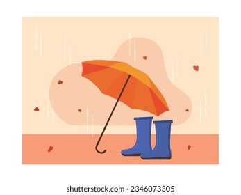 Prepare for rain in autumn with boots, umbrella. Leaves falling in the wind, protect yourself so you don't wet and get sick. Nature design. Vector flat illustration