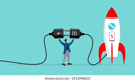 prepare start up business to achieve goal or target, Start up target of business development process, businessman connect plug with rocket to power socket to charge rocket for launching new product